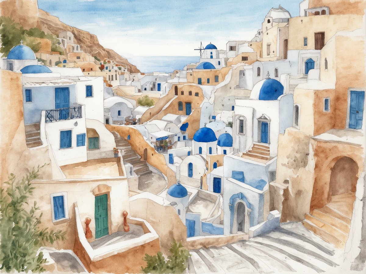 Eine malerische Ansicht der Hügel von Santorini mit traditionellen, weiß getünchten Häusern und blauen Kuppeln. Die engen Gassen schlängeln sich durch die Stadt, während einige Treppenstufen aufsteigen. Im Hintergrund ist die Küstenlinie des Ägäischen Meeres sichtbar. Einige Fenster und Türen sind in verschiedenen Blau- und Grüntönen gehalten, und es gibt kleine Pflanzen, die den Hängen Leben verleihen. Insgesamt vermittelt das Bild eine ruhige und einladende Atmosphäre, die ideal ist, um den Charme von Santorini zu erleben.