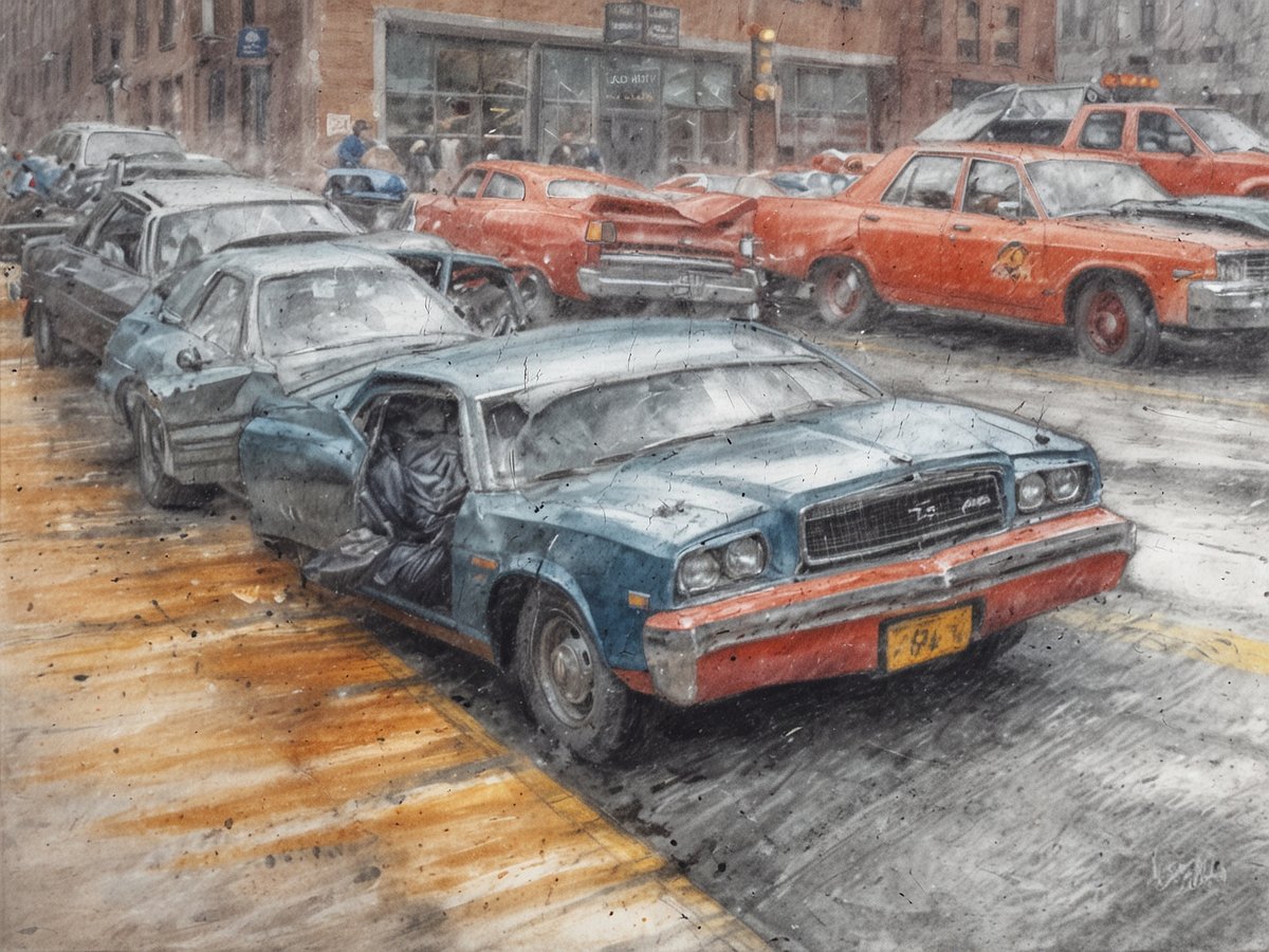 Ein blauer Oldtimer mit geöffneter Fahrertür steht auf einer nassen Straße in Chicago, umgeben von weiteren Autos, die geparkt sind. Im Hintergrund sind die Fassaden von Gebäuden zu sehen, und mehrere Personen scheinen auf dem Gehweg zu stehen. Die Szene wirkt leicht neblig oder regnerisch, was der Umgebung eine melancholische Stimmung verleiht.