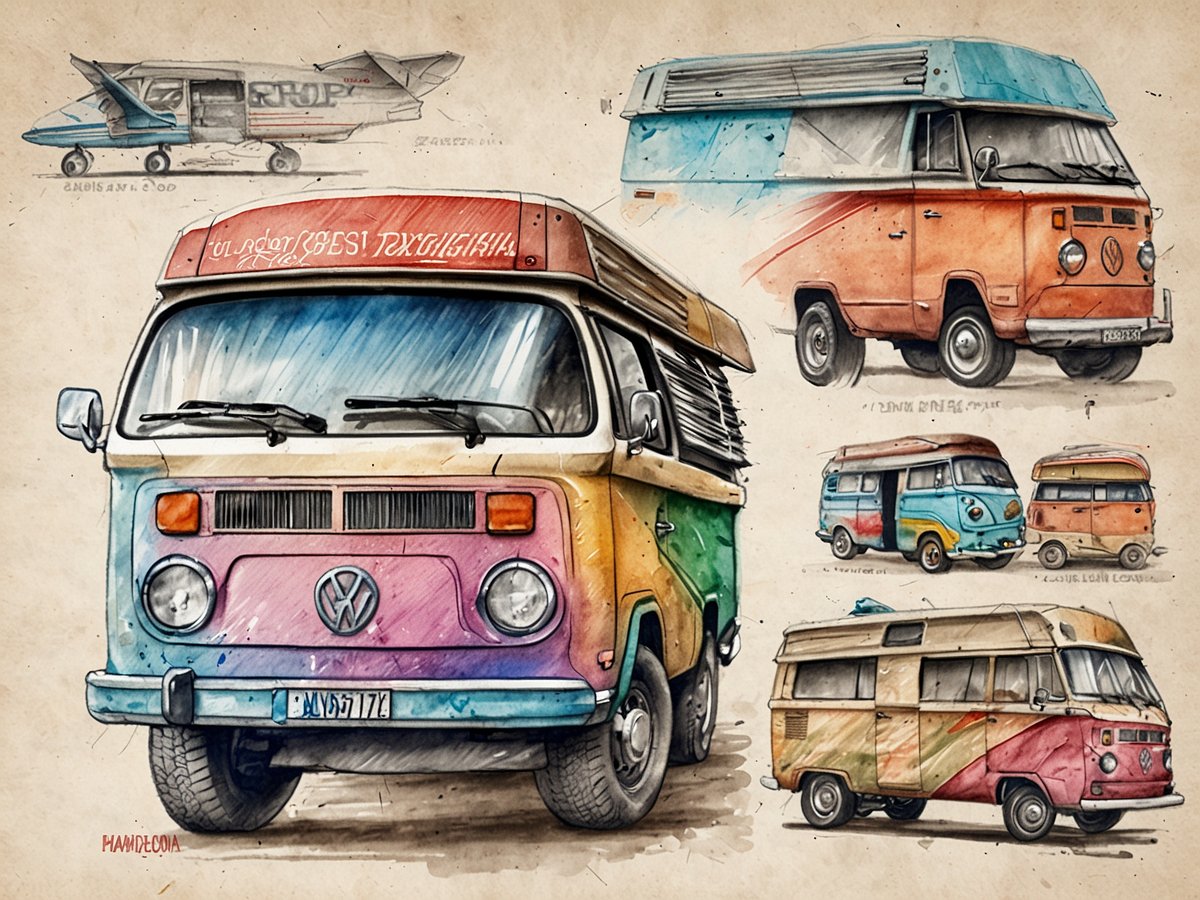 Vielfalt der Yucon Campervans auf der CMT 2025 zeigt eine künstlerische Illustration verschiedener Volkswagen Campervans. Im Vordergrund steht ein bunten Campervan in Pink und Blau mit dem Logo. Im Hintergrund sind mehrere Varianten von VW-Bussen skizziert, darunter orange und grüne Modelle, die alle unterschiedliche Designs und Farbkombinationen präsentieren. Eine kleine Flugzeugskizze ist ebenfalls im oberen Teil des Bildes zu sehen, was auf ein kreatives Konzept hinweist. Der gesamte Stil ist lebhaft und nostalgisch, ideal für Campingliebhaber.