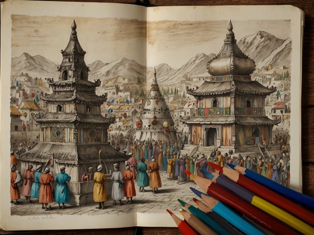 Auf dem Bild ist eine malerische Darstellung eines traditionellen Festes in einer asiatischen Stadt zu sehen, wahrscheinlich mit tibetischen oder mongolischen Einflüssen. Die bunten Pagoden und Stupas, die hier abgebildet sind, sind oft Teil religiöser Praktiken und Kultur.

Kulturell gesehen spielt der Buddhismus in dieser Region eine zentrale Rolle, und die Stupas dienen nicht nur als religiöse Symbole, sondern auch als Orte des Gebets und der Meditation. Die Menschen in bunten Gewändern deuten auf eine festliche Atmosphäre hin, was mit örtlichen Legenden über die Feier von Erntefesten oder religiösen Feiertagen in Verbindung stehen könnte. 

Ein bekanntes Fest, das Ähnlichkeiten mit dieser Darstellung aufweist, ist das Tsagaan Sar, das mongolische Neujahrsfest, bei dem Familien zusammenkommen, um das neue Jahr zu feiern und die glückbringenden Kräfte der Vorfahren zu ehren. Die bunten Farben der Kleidung und die aufmerksamen Gesichter der Menschen zeigen die kulturelle Vielfalt und den Zusammenhalt in der Gemeinschaft. 

Diese Szenen sind tief in der Tradition und den Mythen verwurzelt, die in den Gemeinden lebendig gehalten werden, und sie spiegeln die enge Beziehung der Menschen zur Natur und zu den spirituellen Praktiken wider.