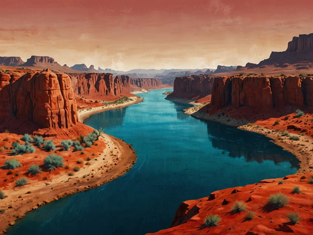 Auf dem Bild ist eine atemberaubende Landschaft zu sehen, die die Schönheit der Laguna Roja widerspiegelt. Majestätische rote Felsen erheben sich über einen klaren, blauen Fluss, der sich zwischen den Klippen schlängelt. Die sanften Kurven des Ufers und die Struktur der umliegenden Berge schaffen eine beeindruckende Kulisse. Die Kombination aus den warmen Erd- und Rottönen der Felsen und dem beruhigenden Blau des Wassers verleiht der Szene eine harmonische und friedliche Atmosphäre. Es ist ein Ort von unvergleichlicher natürlicher Schönheit.