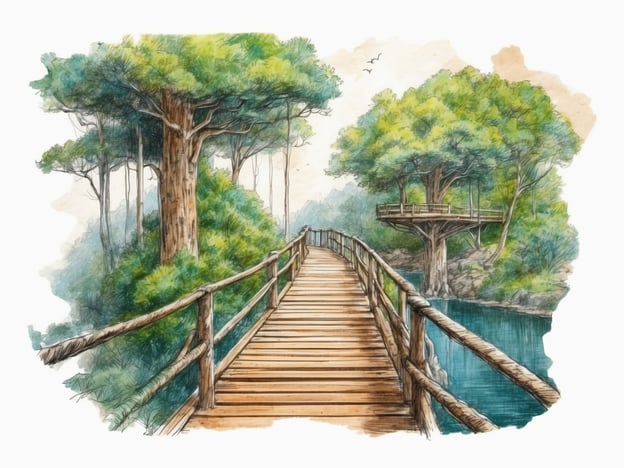 Auf dem Bild ist eine malerische Holzbrücke zu sehen, die durch einen grünen Wald führt. Hohe Bäume umgeben den Weg, und in der Nähe fließt ein Gewässer. Die Szenerie vermittelt ein Gefühl von Ruhe und Naturverbundenheit. 

Der Waldwipfelweg Maibrunn bietet solch ein einzigartiges Erlebnis in der Natur, indem er es Besuchern ermöglicht, die Baumkronen zu erkunden und die Schönheit der Umgebung aus einer neuen Perspektive zu genießen.