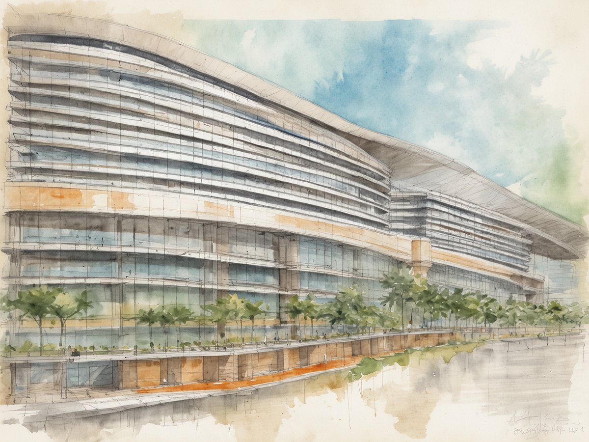 Ein architektonisches aquarellartiges Bild des PARKROYAL COLLECTION Marina Bay in Singapur, das moderne Elemente und eine geschwungene Fassadengestaltung zeigt. Die Fassade besteht aus großen Glasflächen und hellen Materialien, umgeben von grünen Pflanzen und Bäumen. Im Vordergrund ist eine Uferpromenade sichtbar, die das Hotel umgibt, und der Himmel ist in sanften Blau- und Grautönen gehalten.