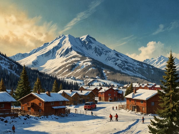 Auf dem Bild ist eine alpine Landschaft mit schneebedeckten Bergen und einem malerischen Skigebiet zu sehen. Die Umgebung zeigt eine Reihe von Holzhütten, in denen Menschen Aktivitäten im Schnee nachgehen. Entdecke das Skigebiet Nevados de Chillán bietet ähnliche Szenen mit atemberaubenden Ausblicken und zahlreichen Wintersportmöglichkeiten. Hier kannst du die Schönheit der schneereichen Berge und ein gemütliches Ambiente erleben.