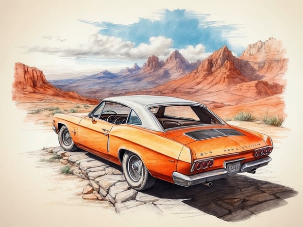 Auf dem Bild ist ein retro-oranges Auto zu sehen, das vor einer beeindruckenden Felsenlandschaft geparkt ist. Die atemberaubende Aussicht auf die majestätischen Berge und die Weite der Landschaft vermittelt ein Gefühl von Abenteuer und Freiheit. Die spannenden Aktivitäten, die man in solch einer Umgebung erleben könnte, reichen von Autofahrten durch die Natur bis hin zu Erkundungstouren und Fotografie der faszinierenden Szenerie. Dieses Setting lädt dazu ein, die Schönheit der Natur zu genießen und spannende Erlebnisse zu sammeln.