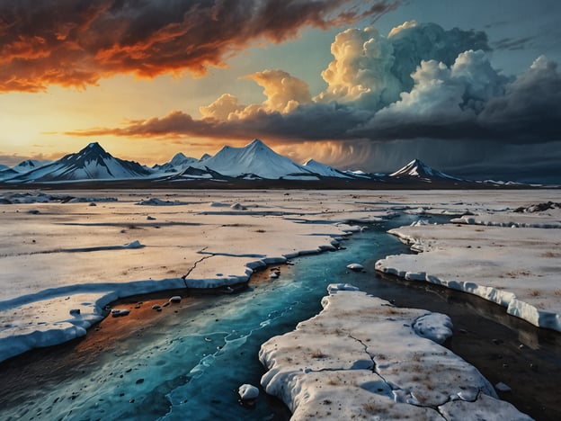 Auf dem Bild ist eine eindrucksvolle winterliche Landschaft mit schneebedeckten Bergen, einem gefrorenen Fluss und dramatischen Wolken zu sehen. Solche extremen Orte, wie zum Beispiel die Antarktis oder das Hochgebirge von Svalbard, bieten faszinierende Möglichkeiten für Abenteuerreisen. Man kann die unberührte Natur erleben, einzigartige Tierarten beobachten und die beeindruckende Stille dieser abgelegenen Regionen genießen. Solche Expeditionen sind jedoch herausfordernd und erfordern eine gute Vorbereitung sowie Resilienz, um mit den extremen Wetterbedingungen umzugehen.