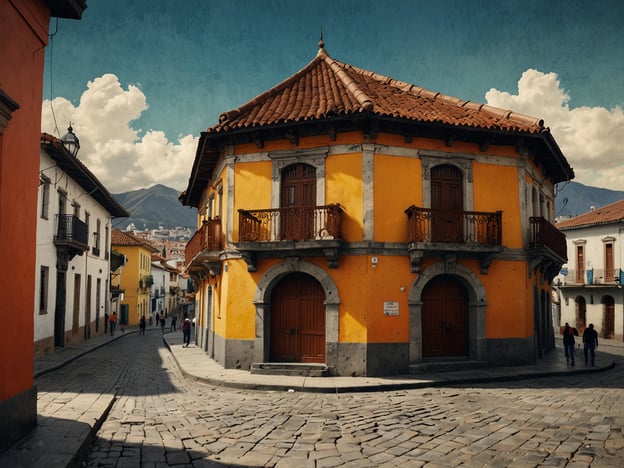 Entdecke die Altstadt von Quito. Auf dem Bild ist eine malerische Straßenszene mit einem bunten, gelben Gebäude zu sehen, das sich in einer Ecke einer gepflasterten Straße befindet. Im Hintergrund sind Berge und eine bewölkte Himmel zu erkennen. Um das Gebäude herum laufen einige Menschen, was eine lebendige Atmosphäre schafft. Die Architektur spiegelt den kolonialen Stil wider, der in der Altstadt von Quito verbreitet ist.