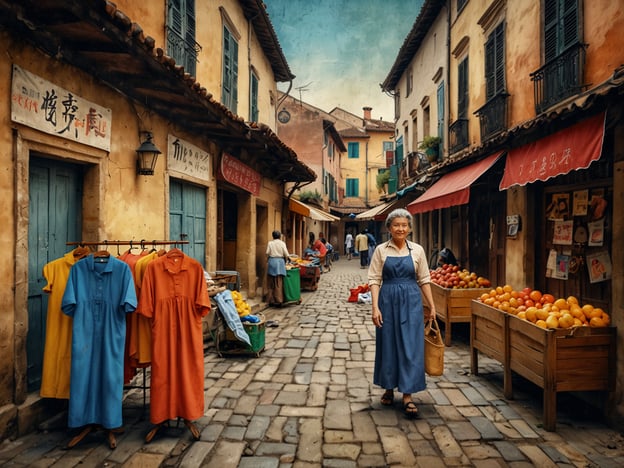 Auf dem Bild ist eine malerische Straße zu sehen, die mit einladenden Marktständen gesäumt ist. Die Atmosphäre vermittelt ein Gefühl von geschäftigem Treiben, das typisch für traditionelle Märkte in Städten wie Quito ist. An den Ständen werden frische Früchte angeboten, und die bunten Kleider, die zum Verkauf hängen, spiegeln die kreative und kulturelle Vielfalt der Region wider. Eine ältere Frau in traditioneller Kleidung steht lächelnd im Vordergrund, was das Gemeinschaftsgefühl und die interkulturelle Verbindung der Menschen in Quito unterstreicht. Diese Szenerie ist ein schönes Beispiel für die lebendige Marktkultur und die Vielfalt, die in der Stadt zu finden sind.