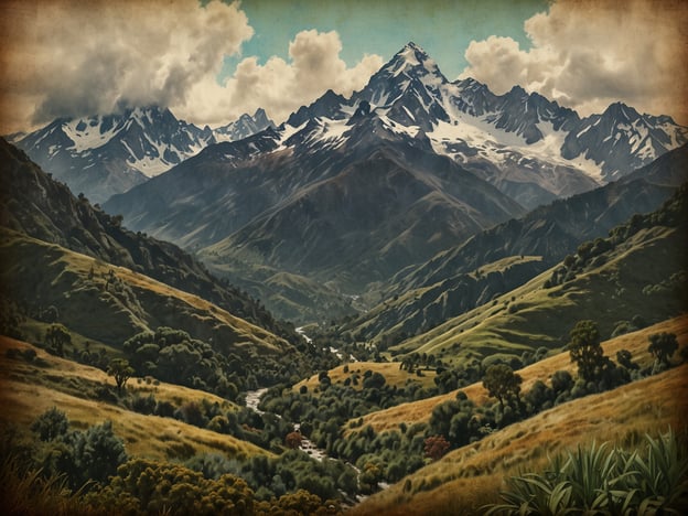 Auf dem Bild ist eine beeindruckende Berglandschaft zu sehen, die die majestätischen Anden rund um Quito repräsentiert. Die schneebedeckten Gipfel erheben sich imposant über das grüne, hügelige Land darunter. Die sanften Hügel sind mit dichter Vegetation und vereinzelten Bäumen bedeckt, während ein kleiner Fluss durch das Tal fließt. Die Wolken am Himmel verleihen der Szenerie eine dramatische Atmosphäre und betonen die natürliche Schönheit dieser Region. Diese Landschaft spiegelt die vielfältige Flora und Fauna wider, die die Umgebung von Quito prägt.