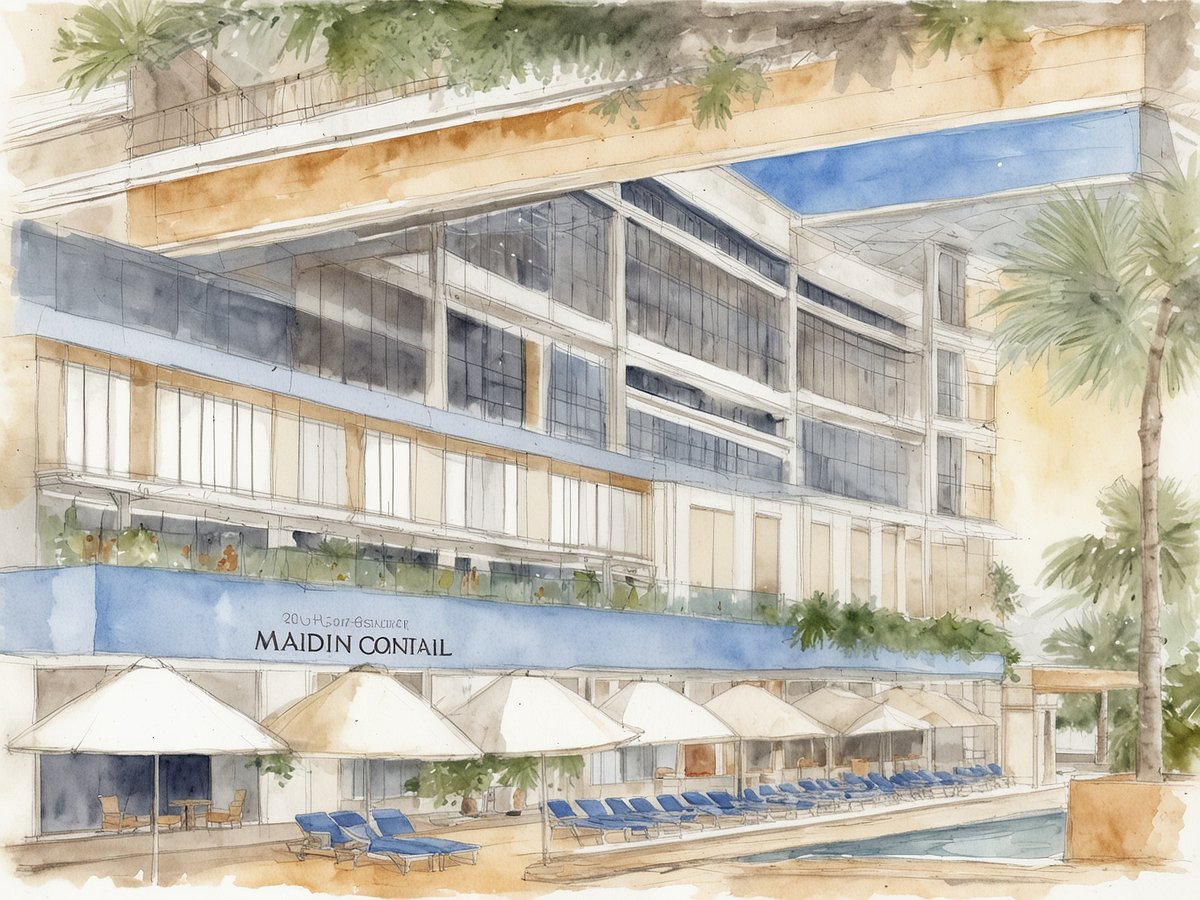 Die Illustration zeigt eine moderne Architekturansicht des Mandarin Oriental in Miami. Im Vordergrund sind elegante Liegen und Sonnenschirme am Pool zu sehen. Die Fassade des Gebäudes ist in hellen Farben gehalten, mit großen Fenstern, die viel Licht einlassen. Eine grüne Bepflanzung ist entlang der Balkone und der unteren Etage sichtbar, was eine entspannte Atmosphäre schafft. Das Design vermittelt Luxus und Komfort und markiert einen neuen Anfang für das Hotel nach 25 Jahren.