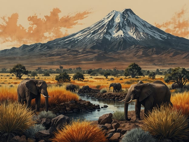 Auf dem Bild sind Elefanten in einer afrikanischen Landschaft mit einem schneebedeckten Berg im Hintergrund zu sehen. Die Farben und die Vegetation vermitteln eine warme, wüstenartige Atmosphäre. 

Im Gegensatz dazu sind die Galapagos-Inseln für ihre einzigartige Tierwelt und Biodiversität bekannt. Dort findet man endemische Arten, wie die berühmten Galapagos-Schildkröten und die verschiedenen Darwin-Finken. Die Isolation der Inseln hat eine Vielzahl von Anpassungen und Evolutionen gefördert, die in anderen Teilen der Welt nicht zu finden sind. Diese Besonderheiten machen die Galapagos-Inseln zu einem faszinierenden und wichtigen Ort für die Wissenschaft und den Naturschutz.