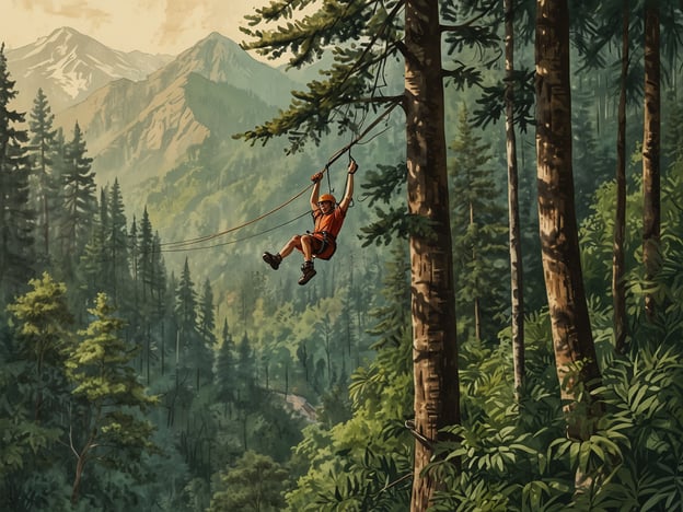 Auf dem Bild ist ein abenteuerlustiger Mensch zu sehen, der an einer Zipline durch einen dichten Wald schwingt. Diese Aktivität ist perfekt für Adrenalinliebhaber, die die Natur aus einer neuen Perspektive erleben möchten. Solche Abenteuer bieten aufregende Möglichkeiten zum Klettern, Wandern oder einfach das Erkunden wunderschöner Landschaften in den Bergen. Die Kombination aus Nervenkitzel und atemberaubenden Ausblicken macht es zu einem unvergesslichen Erlebnis!