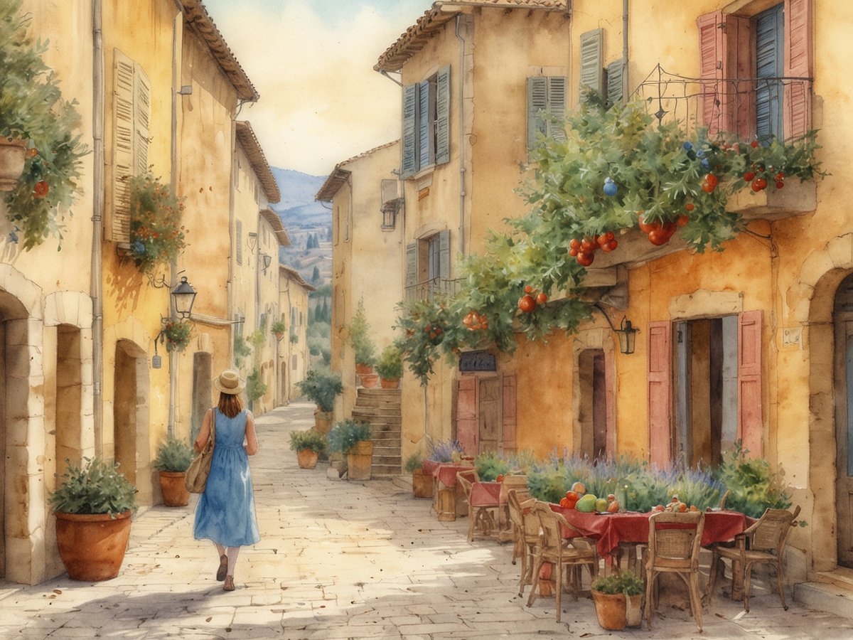 Eine malerische warme Landschaft in der Provence zeigt eine enge Gasse mit alten, gelblichen Gebäuden und schönen, erdigen Tönen. In der Mitte geht eine Frau in einem blauen Kleid mit einem Strohhut und einer Tasche entlang der gepflasterten Straße. An den Wänden hängen Blumentöpfe mit üppigem Grün und es gibt Terrassen mit rot gedeckten Tischen, die prall mit frischem Obst dekoriert sind. Der Himmel ist klar mit sanften Wolken und im Hintergrund sind sanfte Hügel zu sehen, die die friedliche Atmosphäre der Region unterstützen.