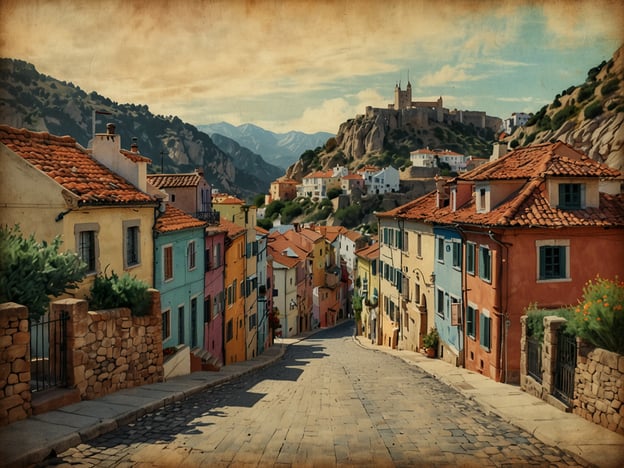 Auf dem Bild ist eine malerische Straße in einer Stadt mit bunten Häusern und Kopfsteinpflaster zu sehen. Die bezaubernde Altstadt von Cuenca hat eine charmante Atmosphäre, umgeben von sanften Hügeln und Bergen im Hintergrund. Es scheint, als ob die Sonne scheint und die Umgebung einladend wirkt, was die Schönheit dieser historischen Stadt unterstreicht.