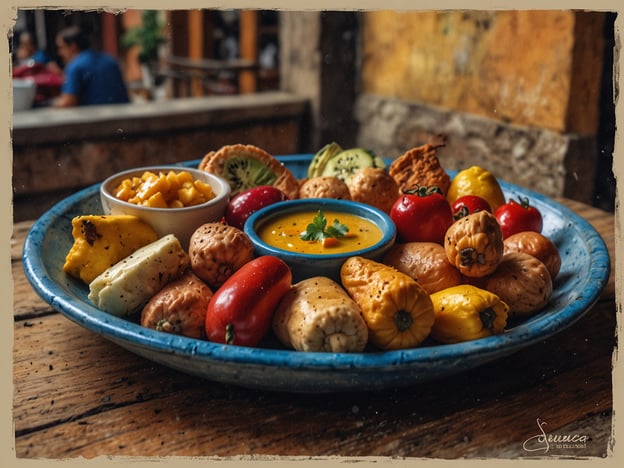 Auf dem Bild ist eine bunte Platte mit verschiedenen kulinarischen Köstlichkeiten zu sehen, die typisch für Cuenca sind. Die Platte enthält eine Auswahl an kleinen, gefüllten Teigtaschen, verschiedenen Käsesorten und frischem Gemüse, garniert mit einer cremigen Soße in der Mitte. Diese Art der Präsentation spiegelt die Vielfalt und den Reichtum der ecuadorianischen Küche wider, die in Cuenca berühmt ist. Die Kombination aus Aromen und Farben macht das Essen zu einem einladenden Erlebnis, perfekt für gesellige Mahlzeiten in der Stadt.