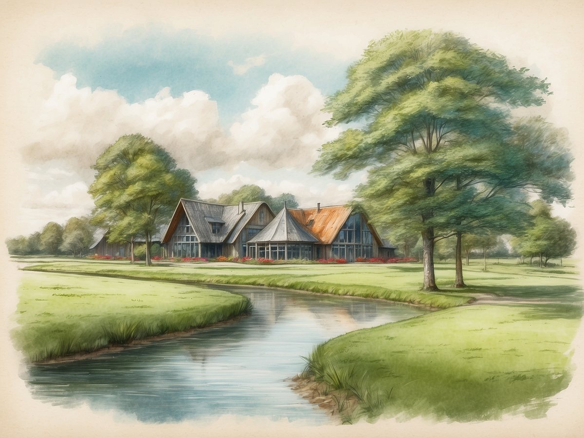 Die Ansicht zeigt die malerischen Unterkünfte von Landal GreenParks Klein Ruwinkel in Scherpenzeel, Gelderland. Umgeben von einer idyllischen Landschaft mit saftigem Grün und hohen Bäumen, stehen die modernen Ferienhäuser in harmonischem Einklang mit der Natur. Ein ruhiger Wasserlauf schlängelt sich durch die Szene und reflektiert die Umgebung. Wolkenverhangener Himmel und lichtdurchflutete Atmosphäre verleihen dem Bild einen einladenden Charakter.