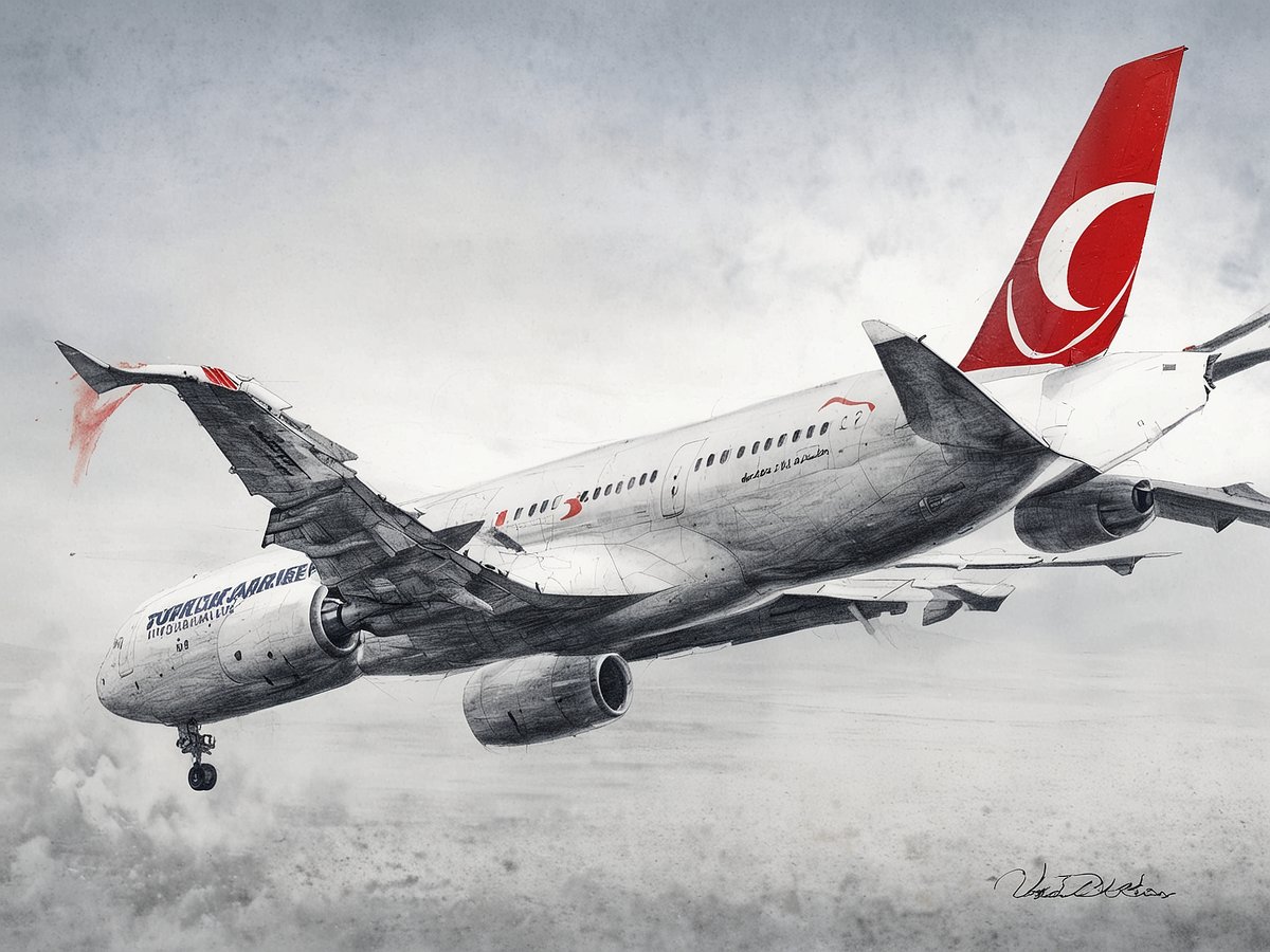 Ein Flugzeug im Flug ist zu sehen, das mit dem Logo von Turkish Airlines markiert ist. Die Maschine hebt majestätisch ab, während eine dramatische Wolkeneinheit im Hintergrund zu erkennen ist. Die Tragflächen sind in Bewegung, und ein Teil der Maschine zeigt sichtbare Details. Die Farben sind hauptsächlich in Grautönen gehalten, mit den charakteristischen Rot- und Weißtönen von Turkish Airlines.