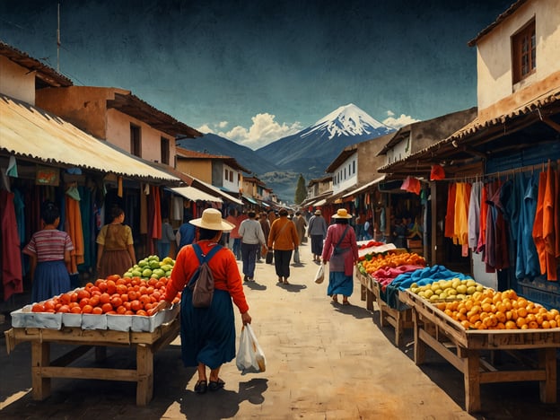 Auf dem Bild ist der lebendige Otavalo-Markt zu sehen, der für seine bunten Stände und frischen Produkte bekannt ist. Die Gassen sind gesäumt von Ständen, an denen Obst und Gemüse angeboten wird, und die Marktbesucher schlendern zwischen den Ständen umher. Die farbenfrohen Textilien und die charmante Atmosphäre des Marktes spiegeln die Kultur und Traditionen der Region wider. Im Hintergrund erhebt sich ein majestätischer Berg, der die beeindruckende Landschaft der Anden hervorhebt. Der Markt ist ein Zentrum des Lebens und des Austauschs in Otavalo, wo die Menschen die Vielfalt und den Zauber ihres Handwerks präsentieren.