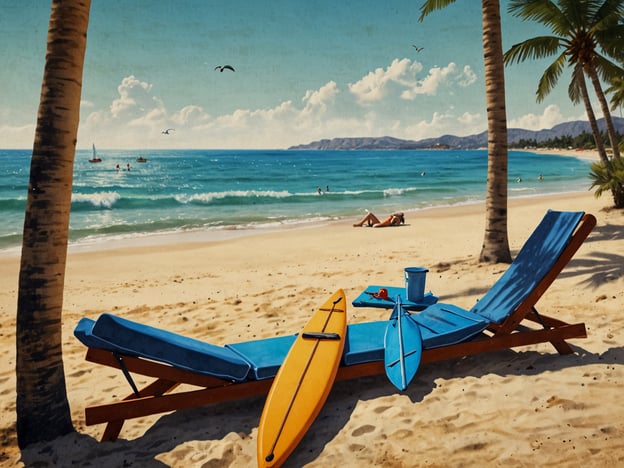 Auf dem Bild ist ein schöner Strand mit klarem Wasser zu sehen. Im Vordergrund stehen zwei Surfbretter in leuchtenden Farben, bereit zum Wassersport. Am Strand entspannen Menschen, während andere im Wasser schwimmen oder mit einem kleinen Boot fahren. Es gibt einige Palmen, die Schatten spenden, und die Sonne scheinen lässt eine entspannte Urlaubsatmosphäre entstehen.