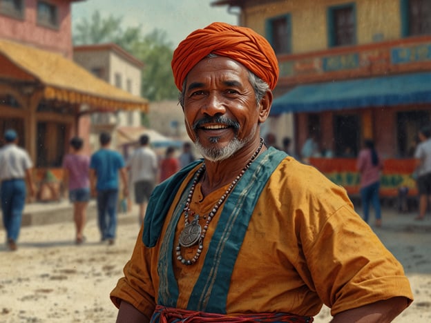 Auf dem Bild ist ein lächelnder Mann in traditioneller Kleidung mit einem orangefarbenen Turban zu sehen. Er befindet sich auf einem belebten Markt oder in einer Stadt, umgeben von Menschen und bunten Gebäuden im Hintergrund. 

Das Bild spiegelt die kulturellen Begegnungen in der Region wider, in der verschiedene Traditionen und Bräuche miteinander verschmelzen. Die lebendigen Farben und die freundliche Ausstrahlung des Mannes zeigen die kulturelle Vielfalt und das Gemeinschaftsgefühl, das oft in ländlichen oder touristischen Gebieten zu finden ist. Solche Orte sind häufig Schauplätze des Austauschs zwischen Einheimischen und Besuchern, was zu einer Bereicherung der kulturellen Erfahrungen führt.