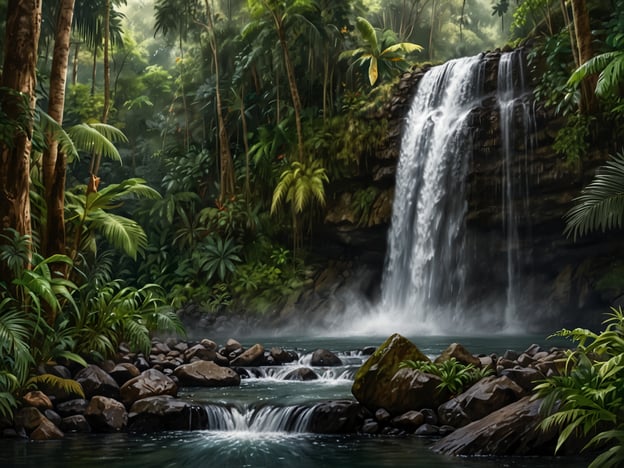 Auf dem Bild sind die atemberaubenden Wasserfälle von Mindo zu sehen. Die Szene zeigt eine üppige, grüne Dschungellandschaft mit hohen Bäumen, exotischen Pflanzen und einem Wasserfall, der sanft in einen klaren Wasserpool fließt. Die Umgebung strahlt Ruhe und die Schönheit der Natur aus.