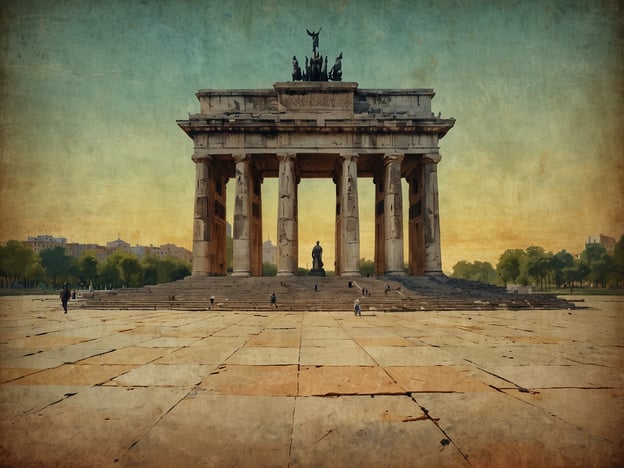 Auf dem Bild ist das monumentale Denkmal zu sehen, das sich durch seine beeindruckende Säulenarchitektur und die Statue auf dem Dach auszeichnet. Es steht auf einem weitläufigen Platz und wird von Bäumen umgeben. Die Atmosphäre wird durch das sanfte Licht und den klaren Himmel geprägt, was dem Denkmal eine majestätische Anmutung verleiht.