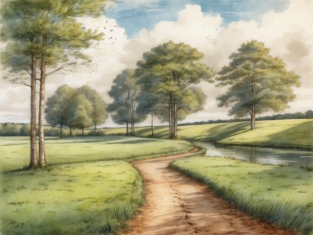 Eine malerische Landschaft mit sanften Hügeln und einer schmalen, geschwungenen Wegführung, die entlang eines stillen Wassers fließt. Auf der linken Seite stehen mehrere schlanke Bäume, während sich auf der rechten Seite eine grüne Wiese erstreckt. Am Himmel sind einige weiße Wolken und Vögel zu sehen, die eine ruhige und friedliche Atmosphäre schaffen. Die Szenerie vermittelt ein Gefühl von Naturverbundenheit und lädt zum Spaziergang ein.