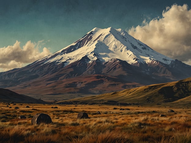 Auf dem Bild ist der Chimborazo im Herzen der Anden zu sehen. Er besitzt eine majestätische Erscheinung mit schneebedeckter Spitze und ist eingebettet in eine Landschaft aus sanften Hügeln und Grasflächen. Die Wolken am Himmel verleihen der Szene eine dramatische Atmosphäre und unterstreichen die Erhabenheit dieses beeindruckenden Berges.