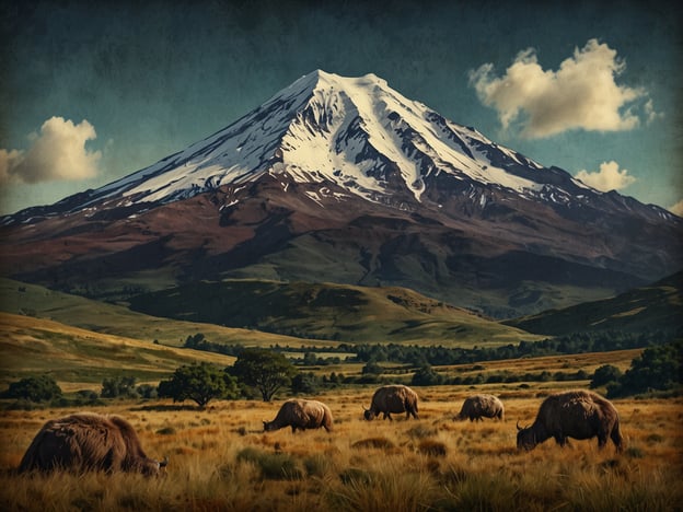 Auf dem Bild ist eine majestätische Landschaft mit einem hochgelegenen, schneebedeckten Berg zu sehen, der vermutlich den Chimborazo darstellt. Im Vordergrund grasen mehrere Tiere auf saftigen Wiesen, umgeben von sanften Hügeln und Bäumen. Diese Szene lädt zu einem Abenteuer und Erkundungen in der beeindruckenden Natur des Chimborazo ein, wo man sowohl die Schönheit der Landschaft als auch die lokale Tierwelt erleben kann. Das Gebiet bietet zahlreiche Aktivitäten, von Wanderungen bis hin zu Entdeckungen der einzigartigen Flora und Fauna, die in dieser Höhe gedeihen.