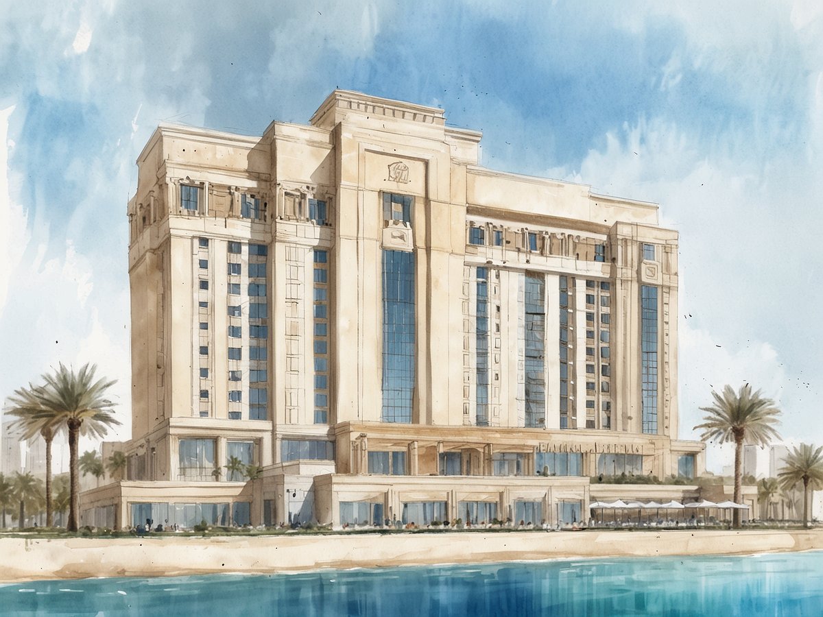 Das Bild zeigt eine künstlerische Impression des Waldorf Astoria Hotels, das 2028 in Bahrain eröffnet wird. Das luxuriöse Gebäude zeichnet sich durch eine elegante Fassade mit großen Fenstern und architektonischen Details aus. Vor dem Hotel erstreckt sich ein Wasserbecken, das die exklusive Lage am Wasser betont. Um die Anlage sind Palmen zu sehen, die zur tropischen Atmosphäre beitragen. Die Gesamtansicht vermittelt ein Gefühl von Luxus und Eleganz.