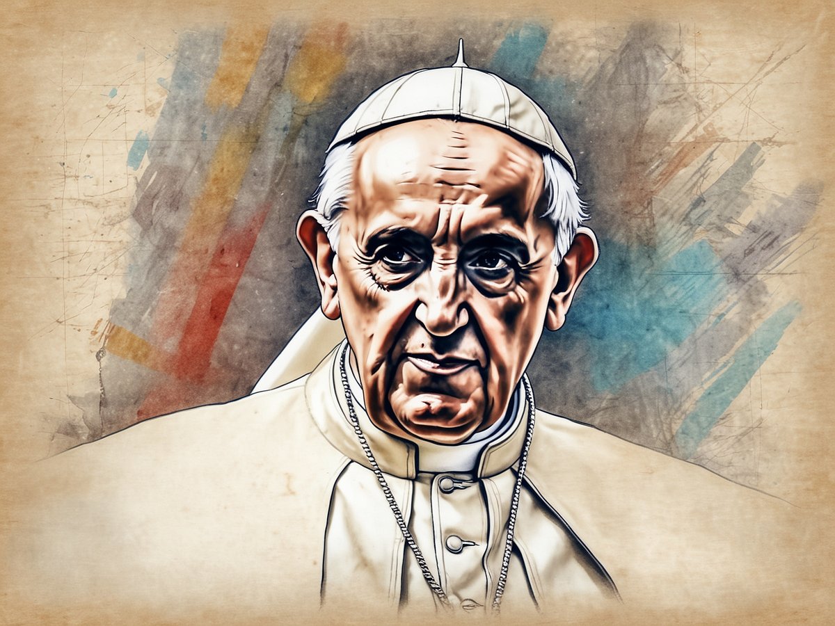 Papst Franziskus ist in einem künstlerischen Portrait dargestellt, das ihn frontal zeigt. Er trägt das weiße Papstgewand sowie eine weiße Mitra und schaut mit einem ernsten Gesichtsausdruck in die Kamera. Der Hintergrund ist in sanften, verwischten Farben gehalten, die eine spirituelle und feierliche Atmosphäre vermitteln. Dieses Bild symbolisiert die Erwartung und Hoffnung auf das Heilige Jahr 2025.