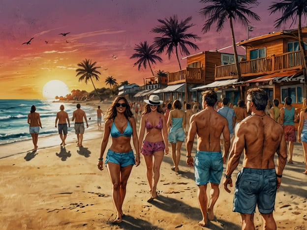 Auf dem Bild ist eine lebhafte Strandszene während des Sonnenuntergangs zu sehen. Menschen spazieren am Strand entlang, wobei einige in Badesachen und andere in lockerer Sommerkleidung gekleidet sind. Die Umgebung ist geprägt von Palmen und typischen Strandhäusern. Diese Szenerie lädt dazu ein, das Nachtleben zu erkunden: Von Strandpartys bis hin zu Live-Musik, die die Atmosphäre eines entspannten und fröhlichen Abends am Meer unterstreicht.