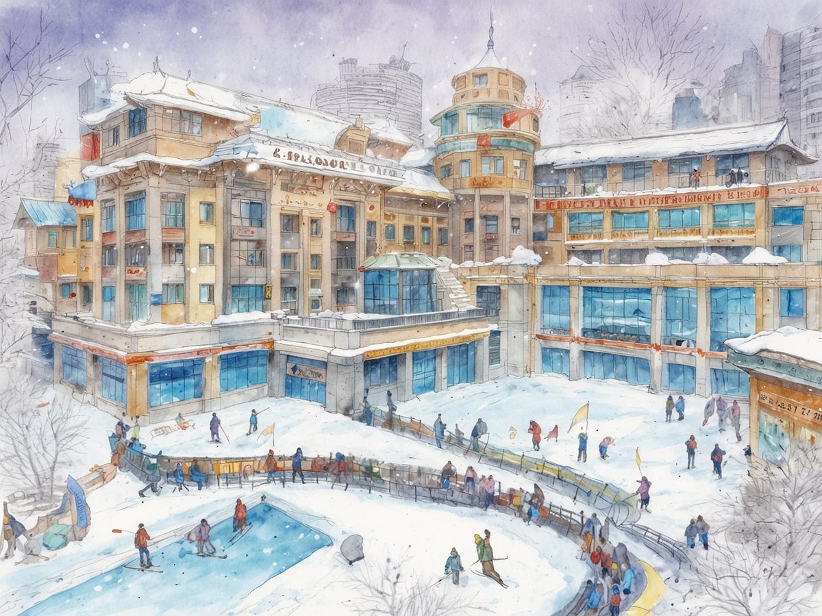 Eine malerische Darstellung des Shanghai Snow World Hotels zeigt eine winterliche Szene mit Gebäuden, die mit Schnee bedeckt sind. Im Vordergrund sind Menschen beim Skifahren und Schlittschuhlaufen auf einer gefrorenen Fläche zu sehen. Die Architektur des Hotels kombiniert traditionelle und moderne Elemente, während im Hintergrund weitere hohe Gebäude von Shanghai sichtbar sind. Sanfte Schneeflocken schweben durch die Luft, was zur winterlichen Atmosphäre beiträgt.