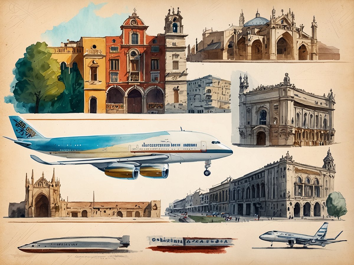 Das Bild zeigt eine künstlerische Collage mit verschiedenen Architekturmotiven und Luftfahrzeugen. In der Mitte befindet sich ein Flugzeug, das über mehrere stilisierte Gebäude fliegt, darunter historische Bauwerke im spanischen Stil. Diese sind umgeben von Bäumen und weiteren Flugzeugdarstellungen. Die gesamte Komposition vermittelt ein Gefühl von Reisen und Urlaub, passend zur Thematik der Ferienzeit in Europa.