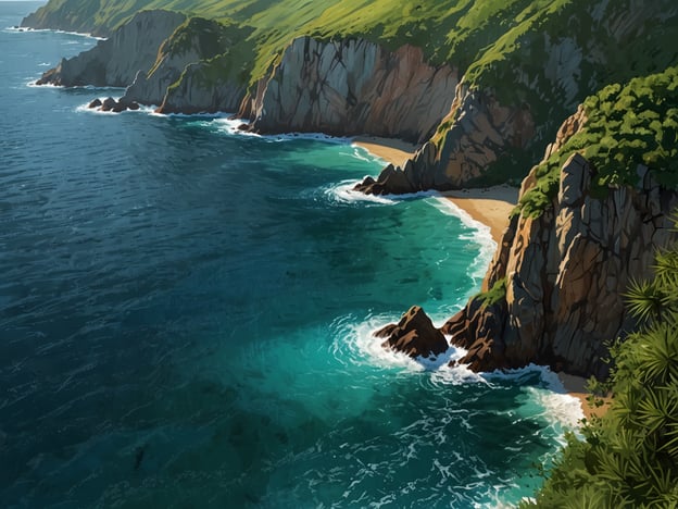 Auf dem Bild sind die beeindruckenden Landschaften der Insel zu sehen. Die Küste erstreckt sich mit hohen, grünen Klippen, die steil ins türkisfarbene Wasser abfallen. Kleine Strände sind sichtbar, umgeben von Felsen und üppiger Vegetation. Die Wellen schlagen sanft gegen die Küstenlinie, und die gesamte Szenerie vermittelt ein Gefühl von Ruhe und natürlicher Schönheit.