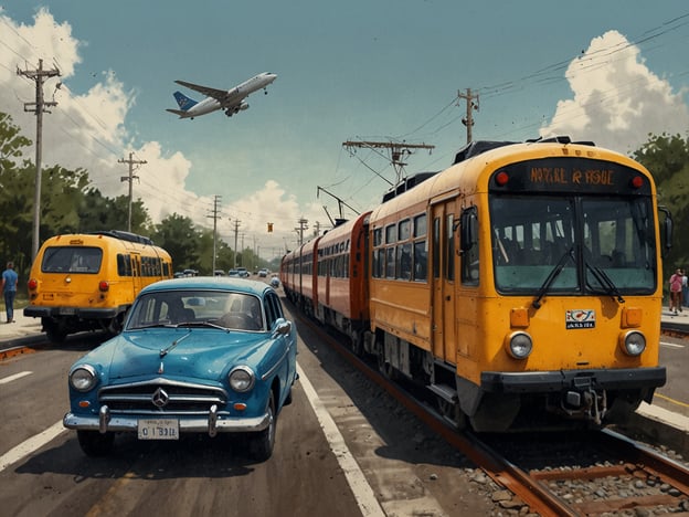 Auf dem Bild sind verschiedene Verkehrsmittel zu sehen: ein blaues Auto, ein gelber Bus und eine orangefarbene Straßenbahn. Im Hintergrund ist ein Flugzeug zu sehen, das gerade landet oder startet. Diese Szene spielt vermutlich in einer städtischen Umgebung mit einem geschäftigen Verkehrsfluss.

### Anreise und praktische Tipps für den Besuch:

1. **Öffentliche Verkehrsmittel nutzen**: Überprüfen Sie die Fahrpläne von Bussen und Straßenbahnen, um bequem in die Innenstadt zu gelangen. Oft gibt es Tageskarten, die sehr günstig sind.

2. **Fahrgemeinschaften bilden**: Wenn Sie mit dem Auto anreisen, erwägen Sie Fahrgemeinschaften, um Parkkosten zu sparen und den Verkehr zu reduzieren.

3. **Flughafentransfer**: Falls Sie aus weiter her anreisen, informieren Sie sich über Shuttle-Services oder öffentliche Verkehrsmittel zum Stadtzentrum.

4. **Parkmöglichkeiten**: Falls Sie mit dem Auto kommen, suchen Sie örtliche Parkhäuser oder Street-Parking, um sicherzustellen, dass Sie einen Platz finden.

5. **Navigationshilfen nutzen**: Verwenden Sie Apps oder GPS, um sich besser im Stadtverkehr zurechtzufinden, möglichst Staus oder Baustellen zu vermeiden.

6. **Ort erkunden**: Planen Sie etwas Zeit ein, um die Umgebung zu Fuß zu erkunden. Oft gibt es interessante Läden, Cafés und Attraktionen in der Nähe der Verkehrswege.

Mit diesen Tipps wird Ihr Besuch in der Stadt sicherlich angenehm und stressfrei!