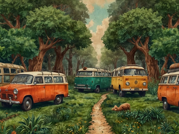 Auf dem Bild sind mehrere bunte Oldtimer-Vans in einem üppigen, grünen Wald zu sehen. Die Fahrzeuge scheinen in Harmonie mit der Natur platziert zu sein, was eine gewisse Nostalgie und Freiheit ausstrahlt. Umgeben von Bäumen und Pflanzen vermitteln sie ein Gefühl der Nachhaltigkeit und des ökologischen Gleichgewichts, da sie in einer friedlichen, naturnahen Umgebung stehen. Diese Szenerie lädt dazu ein, die Schönheit der Natur zu schätzen und sich für umweltfreundliche Fortbewegung und Lebensweisen einzusetzen.