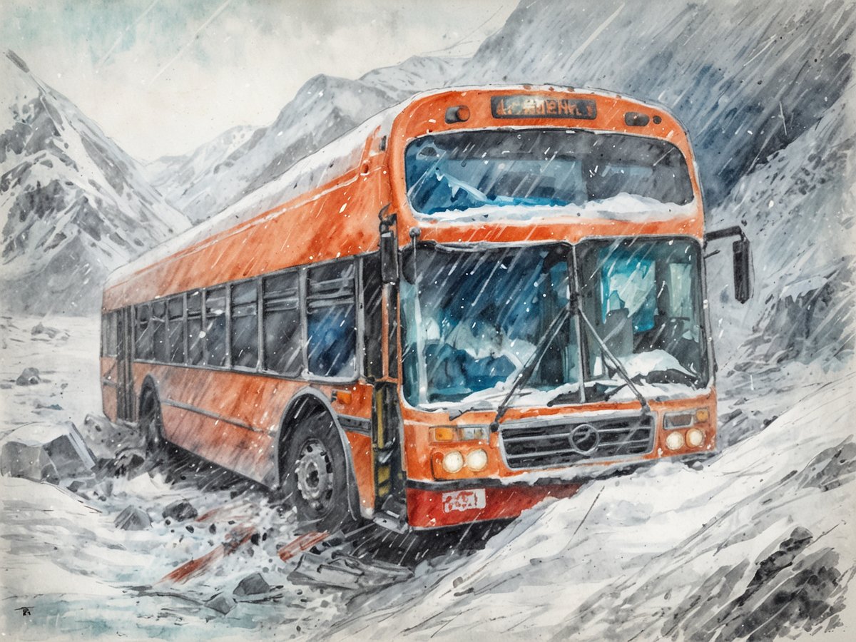 Ein orangefarbener Bus steht im Schnee in einer Gebirgslandschaft. Um ihn herum ist eine verschneite Umgebung mit steilen, schneebedeckten Bergen. Starker Schneefall beeinträchtigt die Sicht und der Bus scheint im Schnee stecken zu bleiben. Die Räder sind teilweise im Schnee vergraben, während der Wind den Schnee in unregelmäßigen Mustern weht. Die Szene vermittelt ein Gefühl von Isolation und gefährlichen Bedingungen durch den Schneesturm.