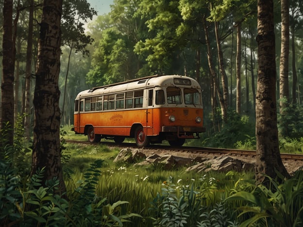 Auf dem Bild ist ein alter Bus zu sehen, der auf einem Waldweg zwischen Bäumen und üppiger Vegetation fährt. Die Szenerie vermittelt ein Gefühl von Naturverbundenheit und Abenteuer. Diese Art des Reisens ist nachhaltig unterwegs in der Natur, da sie es ermöglicht, die Schönheit der Umgebung zu genießen und gleichzeitig umweltfreundlicher zu sein als andere Transportmittel.