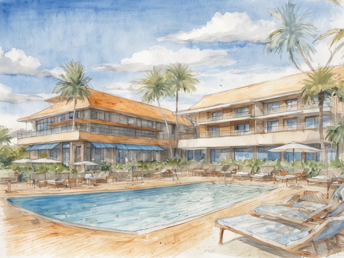 Eine Aquarellzeichnung eines modernen Resorts mit mehreren Gebäuden. Vor dem Resort befindet sich ein Pool, umgeben von Liegestühlen. Palmen wachsen in der Nähe, und der Himmel zeigt einige Wolken. Die Architektur kombiniert natürliche Materialien mit großen Fenstern, die einen einladenden Eindruck vermitteln. Der Gesamtlook strahlt eine entspannende Urlaubsatmosphäre aus.