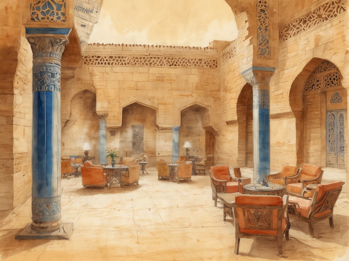 Ein eleganter Raum des Bab Samhan Hotels in Diriyah, das im UNESCO-Welterbe liegt. Die Wände sind aus hellen Steinen mit feinen Ornamenten, während die hohen Säulen in Blau und Naturstein gehalten sind. Gemütliche Sitzgruppen mit orangefarbenen Stühlen und kleinen Tischen laden zum Verweilen ein. Eine Lampe und eine Pflanze sorgen für einladende Details. Die Atmosphäre vermittelt einen Hauch von Luxus und kulturellem Erbe.