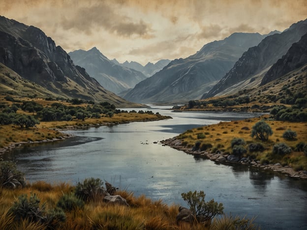 Das Bild zeigt eine malerische Landschaft mit einem ruhigen Fluss, der sich durch sanfte Hügel und Berge schlängelt. Die Szenerie vermittelt eine friedliche Atmosphäre, umgeben von üppigem Grasland und verstreuten Bäumen. Diese Art von Naturwundern erinnert an den El Cajas Nationalpark in Ecuador, der für seine atemberaubenden montanen Landschaften, Seen und reichhaltige Flora und Fauna bekannt ist. Die majestätischen Berge im Hintergrund und die reflektierende Wasseroberfläche verleihen dem Bild eine atemberaubende Schönheit, die die beeindruckenden natürlichen Gegebenheiten dieser Region verkörpert.