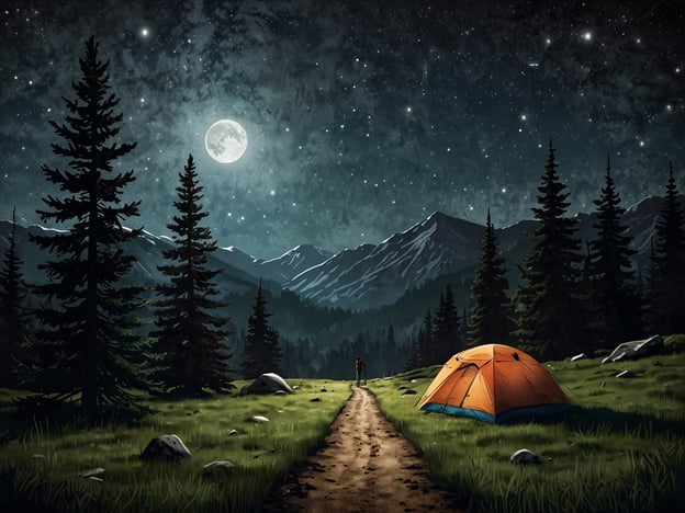 Auf dem Bild sieht man eine schöne Naturlandschaft bei Nacht. Es gibt einen schmalen Weg, der durch eine grüne Wiese führt, umgeben von hohen Nadelbäumen. Im Vordergrund steht ein orangefarbenes Zelt, das ideal für Camping ist. 

Aktivitäten für Naturfreunde könnten folgendes umfassen:

1. **Camping:** Übernachten im Zelt, um die Natur hautnah zu erleben.
2. **Wanderungen:** Den Weg entlanggehen und die Umgebung erkunden, vielleicht sogar zu einem nahegelegenen Aussichtspunkt.
3. **Sternenbeobachtung:** Nach Einbruch der Dunkelheit den klaren Sternenhimmel genießen und Sternbilder beobachten.
4. **Fotografie:** Die wunderschöne Landschaft und die Nachtstimmung festhalten.
5. **Feuerstellen:** Ein kleines Lagerfeuer machen, um den Abend ausklingen zu lassen und sich zu wärmen. 

Diese Aktivitäten bieten eine großartige Möglichkeit, die Natur zu genießen und sich zu entspannen.