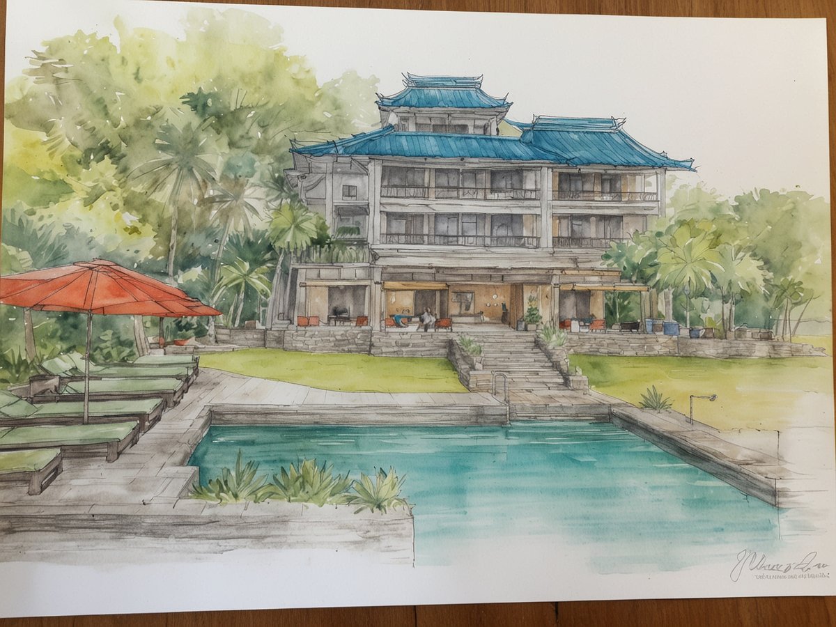 Das Bild zeigt eine aquarellierte Darstellung des Meliá Ho Tram Beach Resorts in Vietnam. Im Vordergrund ist ein Pool zu sehen, umgeben von einer gepflegten Gartenlandschaft mit grünen Liegen und einem rot-orangefarbenen Sonnenschirm. Im Hintergrund erhebt sich das elegante Resortgebäude mit einem auffälligen blauen Dach und mehreren Terrassen, die von tropischen Pflanzen umgeben sind. Die gesamte Szenerie strahlt eine entspannte und exotische Atmosphäre aus, ideal für einen Aufenthalt am Strand.