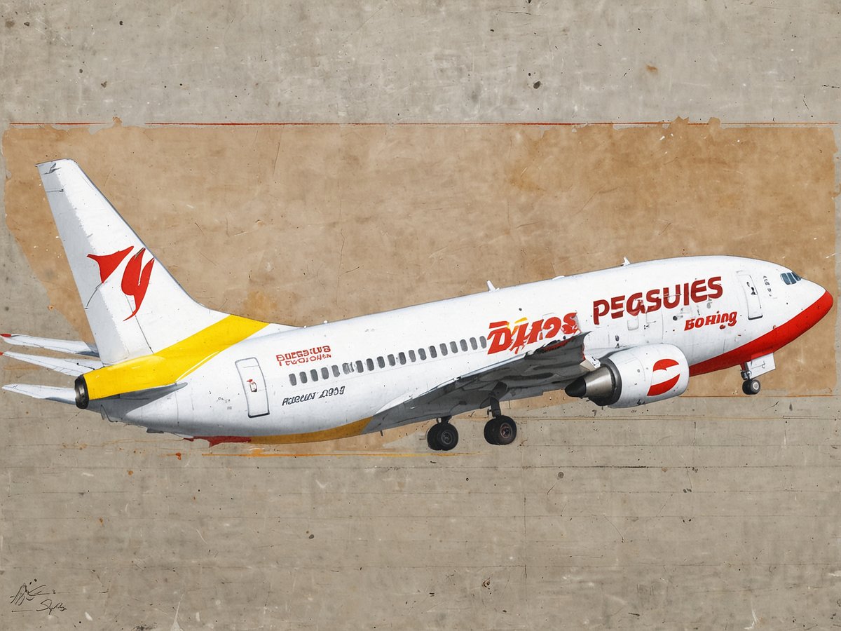 Ein Flugzeug der Pegasus Airlines in weißer Farbgebung mit roten und gelben Akzenten ist abgebildet. Es zeigt die Flugzeugseite mit dem Schriftzug Pegasus und dem Wort Boeing. Der Hintergrund ist in einer schlichten, beigefarbenen Textur gehalten, die dem Bild einen handcrafted Look verleiht.