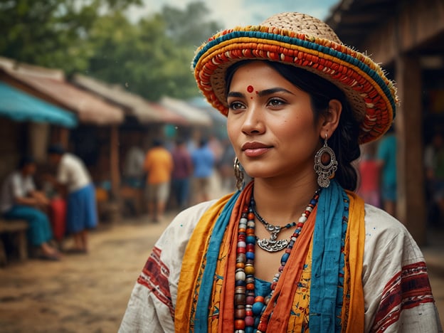 Auf dem Bild ist eine Frau zu sehen, die traditionelle Kleidung trägt, die vermutlich von der indigenen Bevölkerung in San Cristóbal stammt. Sie ist mit farbenfrohen Schmuckstücken, darunter eine Vielzahl von Halsketten und Ohrringen, geschmückt und trägt einen auffälligen Hut. Der Hintergrund zeigt einen belebten Markt, was einen Einblick in das alltägliche Leben und die Kultur der Menschen in San Cristóbal gibt, wo Tradition und Handwerk eine wichtige Rolle spielen. Die Darstellung der Farben und Accessoires spiegelt das reiche kulturelle Erbe und die Identität der Region wider.