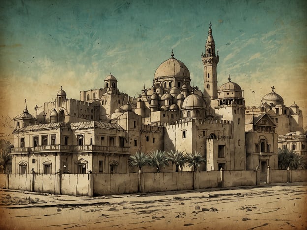 Auf dem Bild ist eine historische Architektur zu sehen, die stark an orientalische Baustile erinnert. Die Kuppeln und Türme deuten auf eine Moschee oder ein historisches Gebäude hin, das in vielen Orten des Nahen Ostens zu finden ist. Solche Gebäude sind oft Teil von alten Stadtzentren, die reich an Geschichte und Kultur sind. 

In der lokalen Kultur könnte dieser Stil die Kunstfertigkeit der Handwerker widerspiegeln, die in vergangenen Jahrhunderten komplexe und beeindruckende Strukturen errichtet haben. Vielleicht könnte dieses Bild eine symbolische Darstellung von Städten wie Kairo oder Jerusalem sein, die für ihre historischen Stätten und die faszinierende Mischung aus verschiedenen Kulturen bekannt sind. Die Palmen im Vordergrund bringen zudem einen tropischen Flair, der typisch für viele Regionen in der Nähe des Mittelmeers ist.