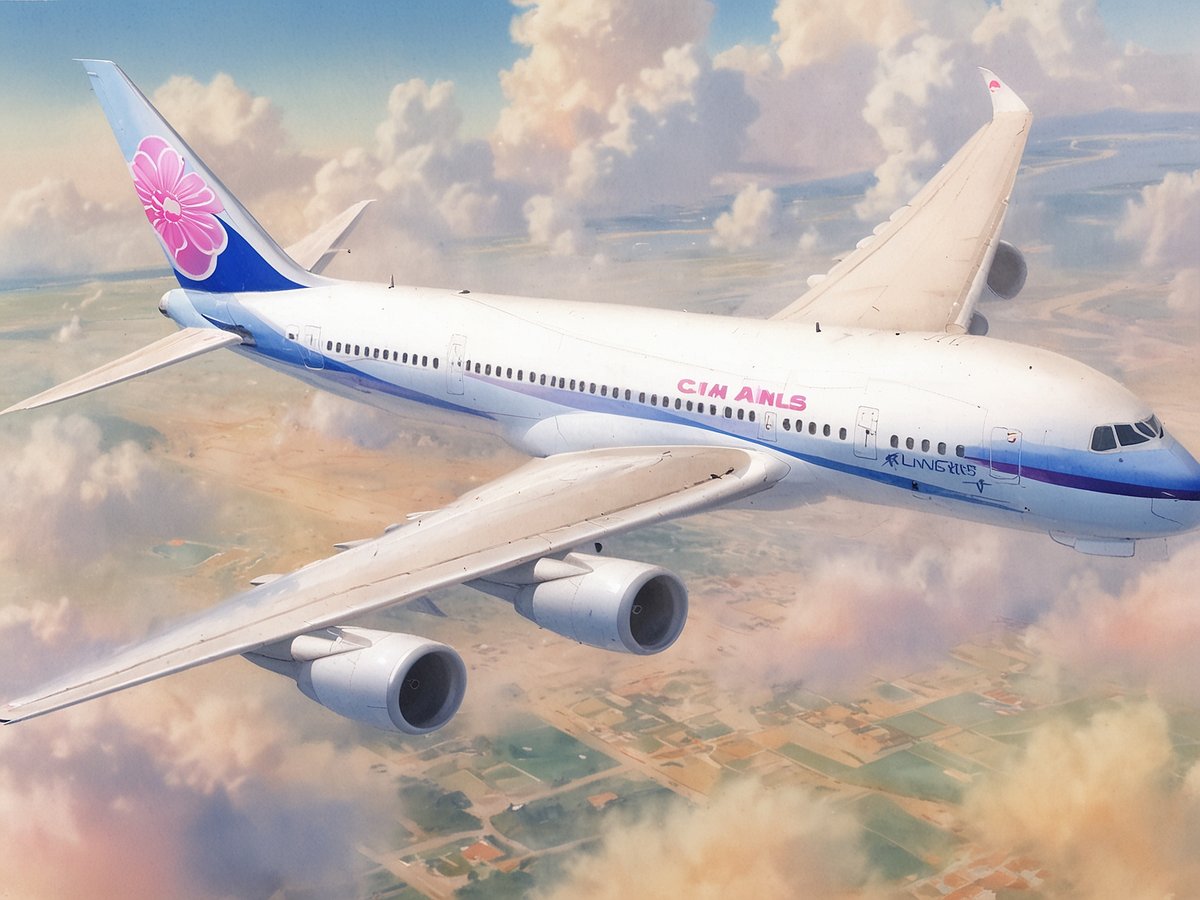 Ein Flugzeug von China Airlines fliegt hoch über einer wolkigen Landschaft. Die Tragflächen sind weit ausgebreitet, und das Heck des Flugzeugs zeigt ein auffälliges Design mit einer rosa Blüte auf blauem Hintergrund. Der Himmel ist klar und zeigt einen sanften Farbverlauf, während die Erde darunter landwirtschaftlich geprägt ist. Die Szene vermittelt ein Gefühl von Höhe und Freiheit im Flugverkehr.