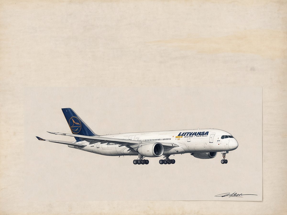 Ein Airbus A350 der Lufthansa ist im Vordergrund abgebildet. Die Maschine trägt das typische Lufthansa-Design mit dem blauen Hintergrund und dem gelben Kranich-Logo auf dem Heck. Die Tragflächen sind ausgebreitet, und die Flugzeuge sind in einer leicht seitlichen Perspektive zu sehen. Der Hintergrund ist neutral gehalten, sodass das Flugzeug im Mittelpunkt steht.