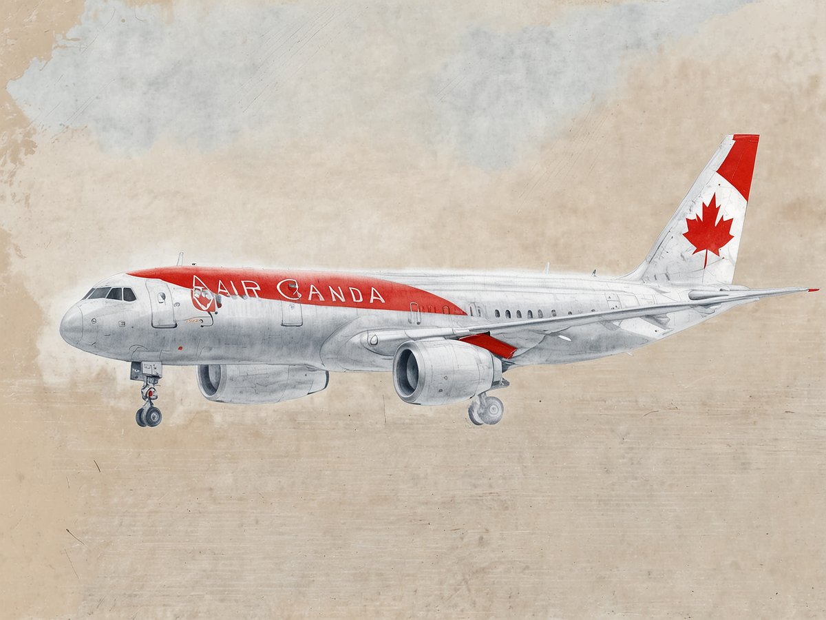 Ein Flugzeug der Air Canada im A220-300 Design steht auf einer neutralen, geschichteten Hintergrundtextur. Das Flugzeug hat eine rote Oberseite mit dem Logo von Air Canada und einem stilisierten Ahornblatt auf dem Heck. Die Tragflächen sind grau und das Hauptfahrwerk ist sichtbar. Die allgemeine Darstellung vermittelt einen modernen und eleganten Eindruck, passend zu neuen Routen und einem Fokus auf Effizienz und Komfort.